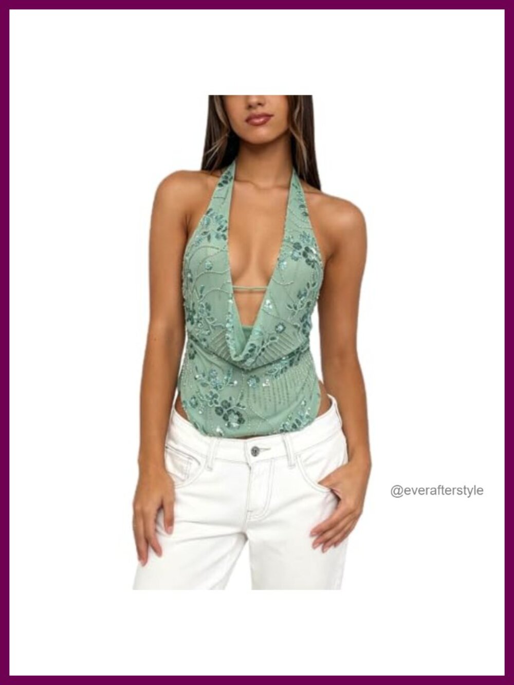 Sparkly Sequin Beaded Halter Top Sexy Cowl Neck Backless Party Top